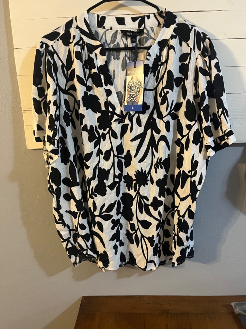 Well Worn White Blouse with Black Floral Print